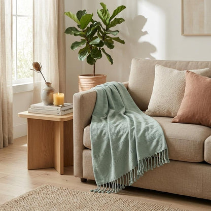 Green Woven Cotton Striped Throw Blanket