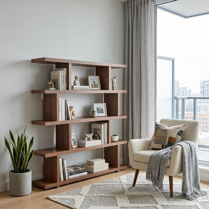 Brown And Natural Wood Five Tier Bookcase