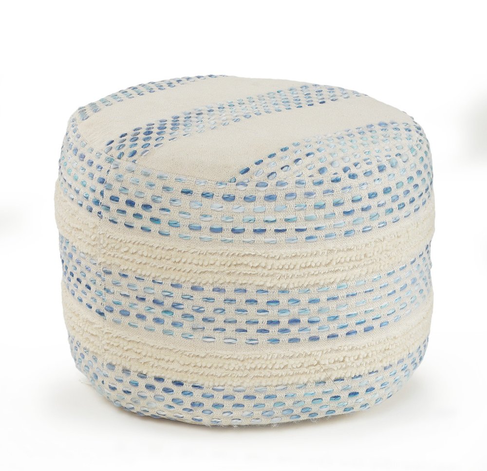 18" Ivory And Blue Cotton Blend Round Striped Pouf Ottoman