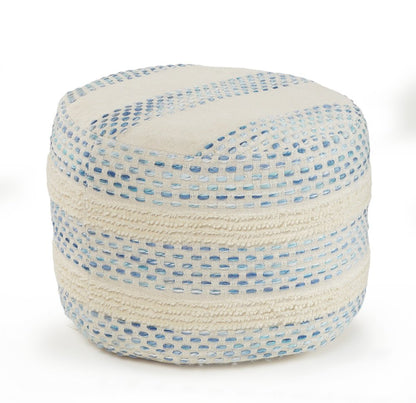 18" Ivory And Blue Cotton Blend Round Striped Pouf Ottoman