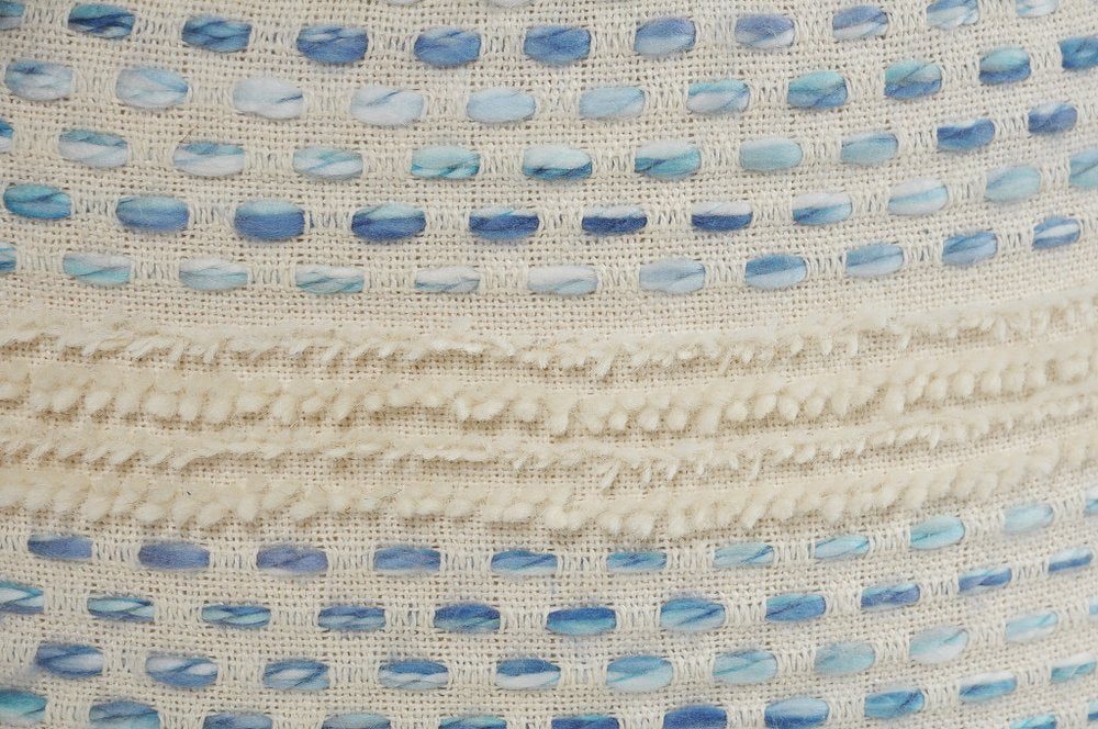 18" Ivory And Blue Cotton Blend Round Striped Pouf Ottoman