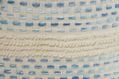 18" Ivory And Blue Cotton Blend Round Striped Pouf Ottoman
