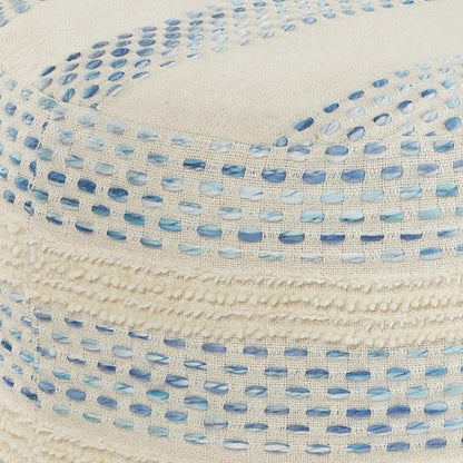 18" Ivory And Blue Cotton Blend Round Striped Pouf Ottoman