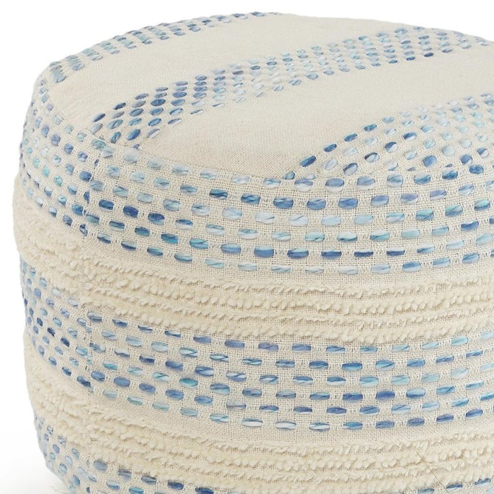18" Ivory And Blue Cotton Blend Round Striped Pouf Ottoman