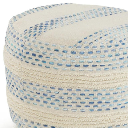 18" Ivory And Blue Cotton Blend Round Striped Pouf Ottoman