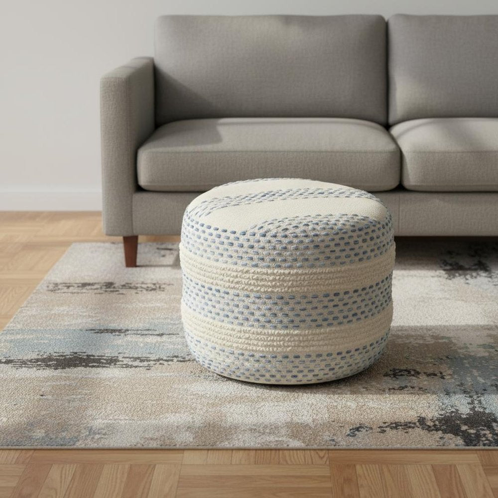18" Ivory And Blue Cotton Blend Round Striped Pouf Ottoman