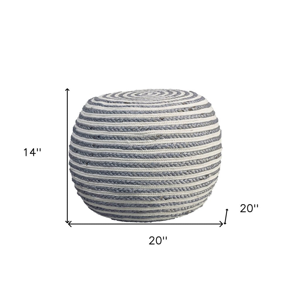 20" Gray Cotton Blend Striped Round Pouf Ottoman