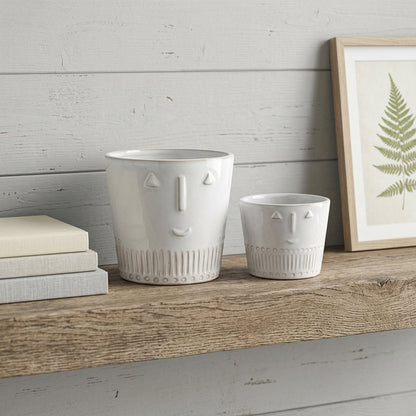 Set of Two White Porcelain 4 Ounce Abstract Face Pot Planters