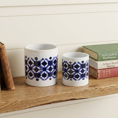 Set of Two White And Blue Ceramic 5 Ounce Geometric Round Pot Planters