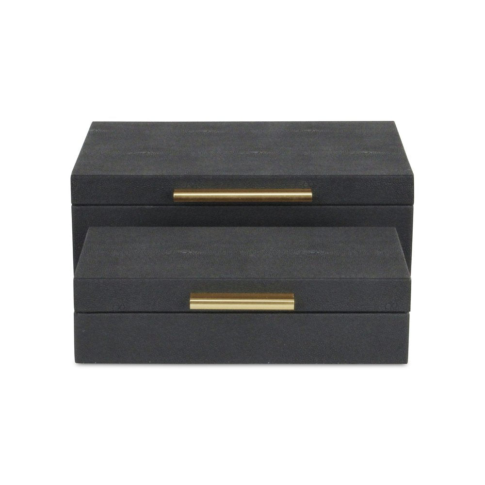 12" Set Of Two Black Solid Wood Jewelry Box With Decorative Hardware