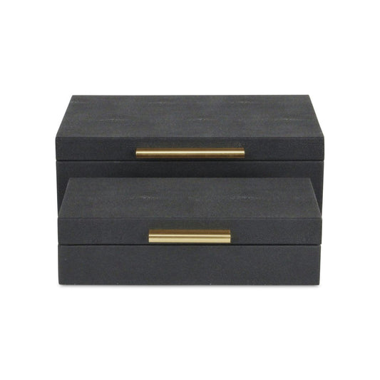 12" Set Of Two Black Solid Wood Jewelry Box With Decorative Hardware