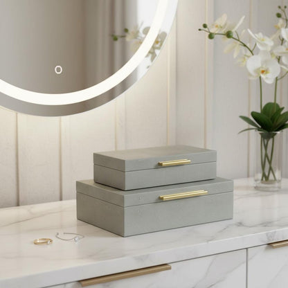 12" Set Of Two Gray Solid Wood Jewelry Box With Decorative Hardware