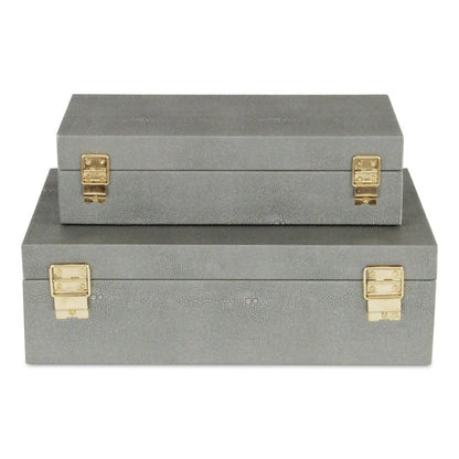 12" Set Of Two Gray Solid Wood Jewelry Box With Decorative Hardware