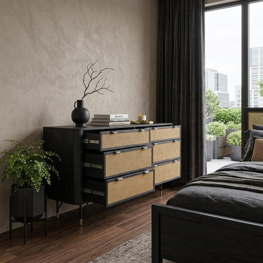 61" Black And Natural Solid Wood Six Drawer Double Dresser