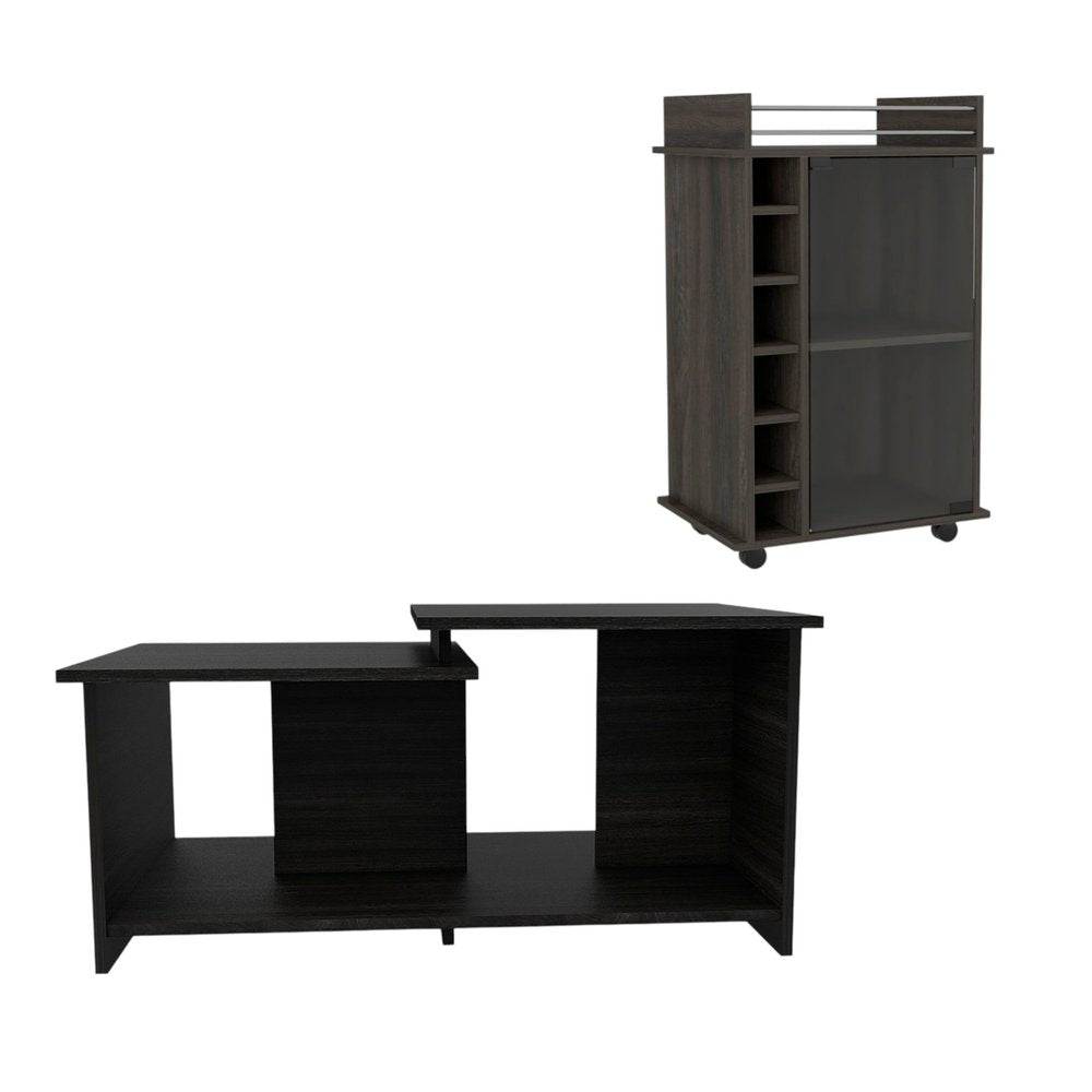 Set of Two Espresso and Black Wood Floor Shelf Furniture Set