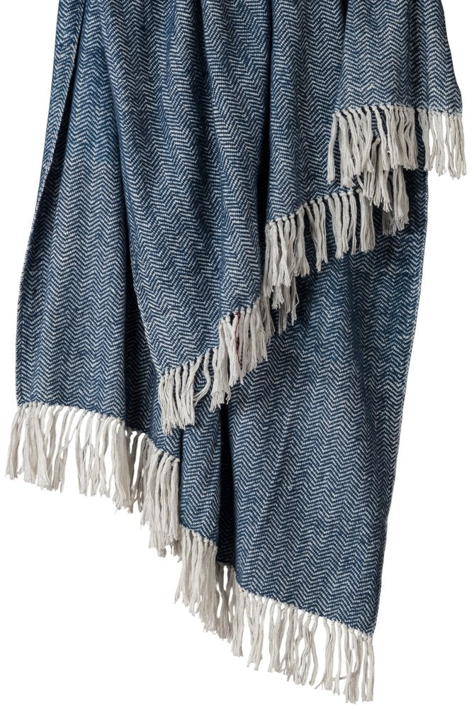 50" X 60" Navy Blue And White Chevron Cotton Throw Blanket with Fringe