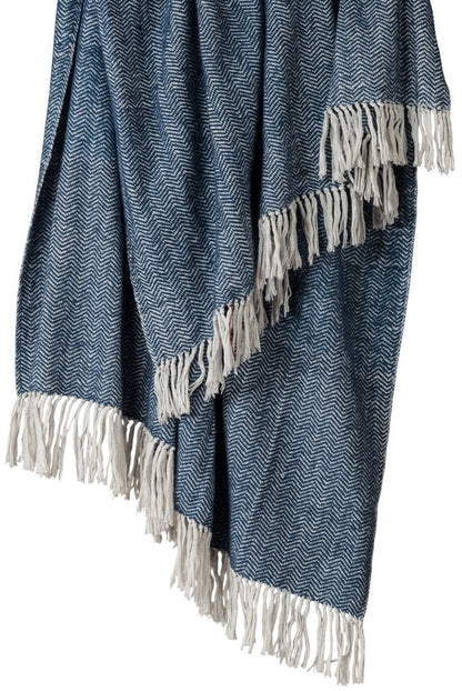 50" X 60" Navy Blue And White Chevron Cotton Throw Blanket with Fringe