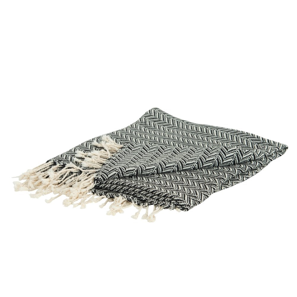 50" X 60" Black And Ivory Chevron Cotton Throw Blanket with Fringe