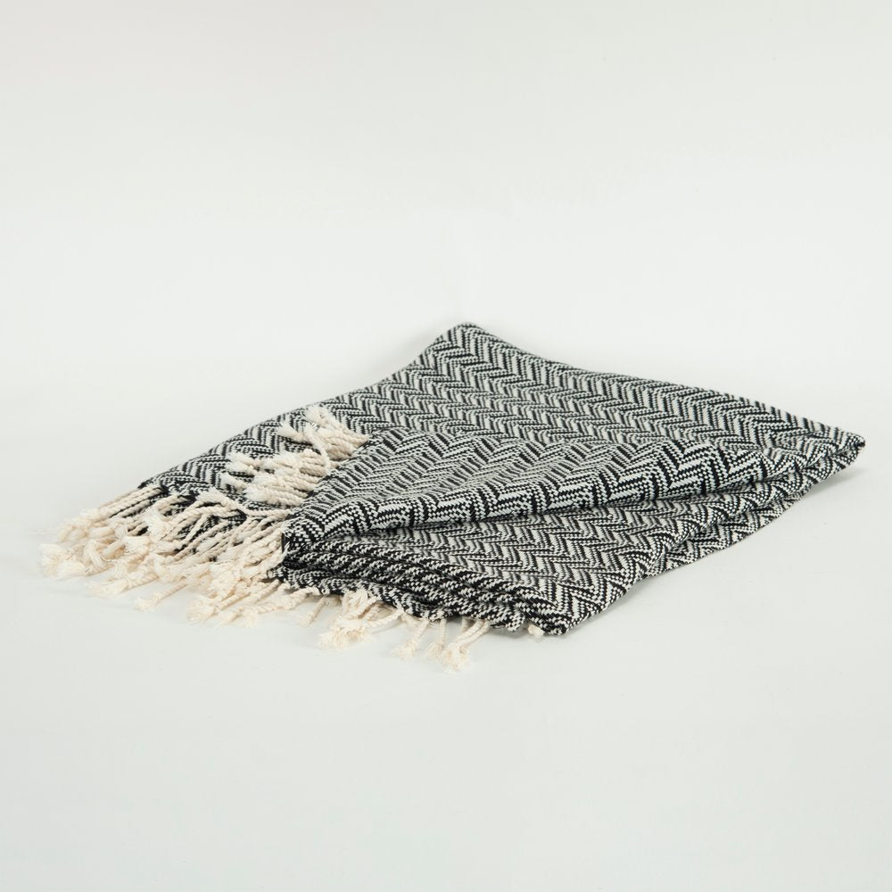 50" X 60" Black And Ivory Chevron Cotton Throw Blanket with Fringe