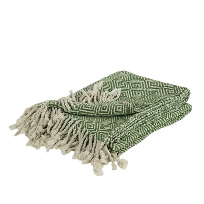 50" X 60" Green Cotton Woven Geometric Throw Blanket with Fringe