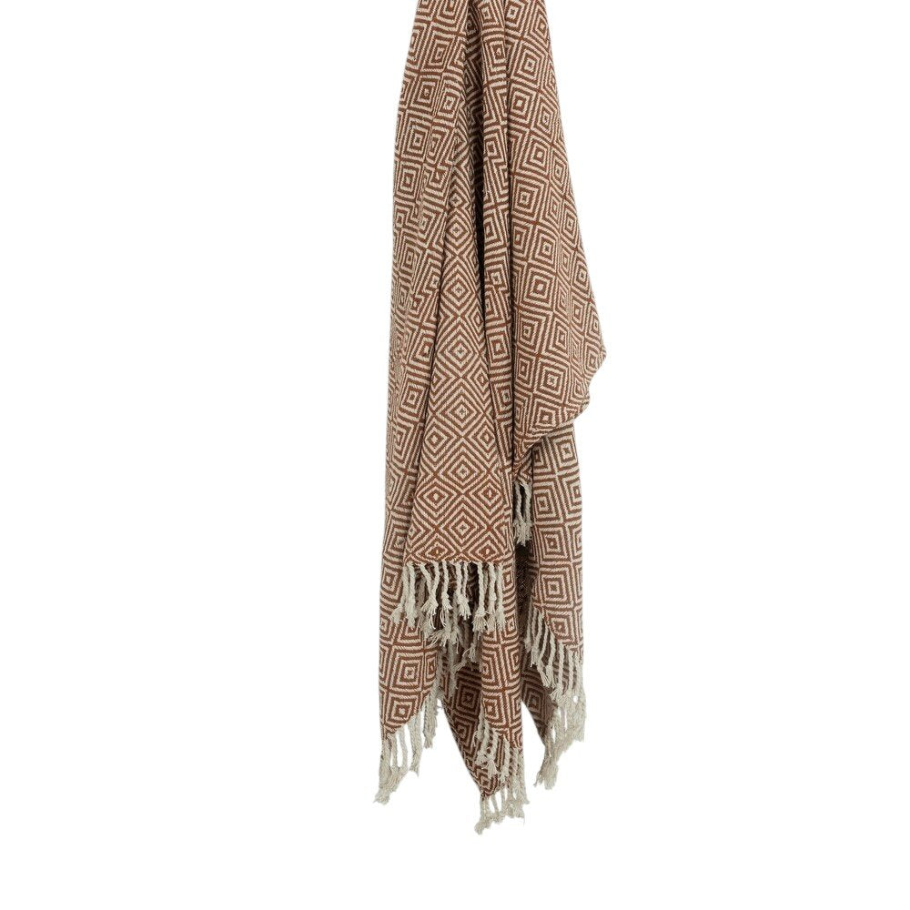 50" X 60" Brown Cotton Woven Geometric Throw Blanket with Fringe