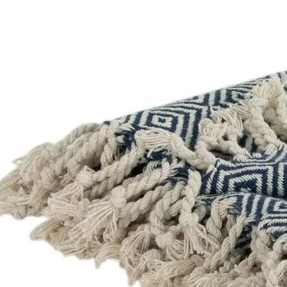 50" X 60" Navy Blue Cotton Woven Geometric Throw Blanket with Fringe