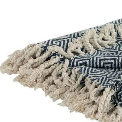 50" X 60" Navy Blue Cotton Woven Geometric Throw Blanket with Fringe