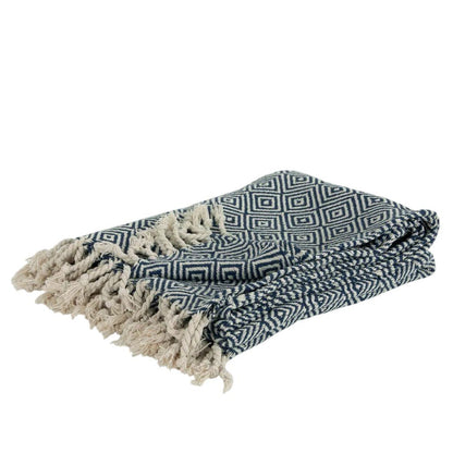 50" X 60" Navy Blue Cotton Woven Geometric Throw Blanket with Fringe
