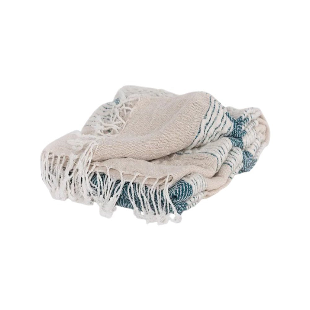 50" X 60" Teal And Blue Cotton Woven Striped Throw Blanket with Fringe