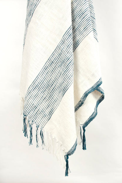 50" X 60" Ivory Cotton Woven Striped Throw Blanket with Fringe