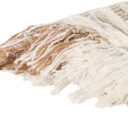 50" X 60" Ivory Cotton Woven Striped Throw Blanket with Fringe