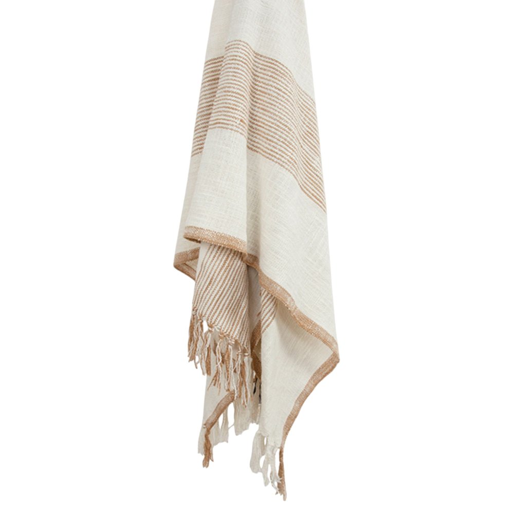 50" X 60" Ivory Cotton Woven Striped Throw Blanket with Fringe