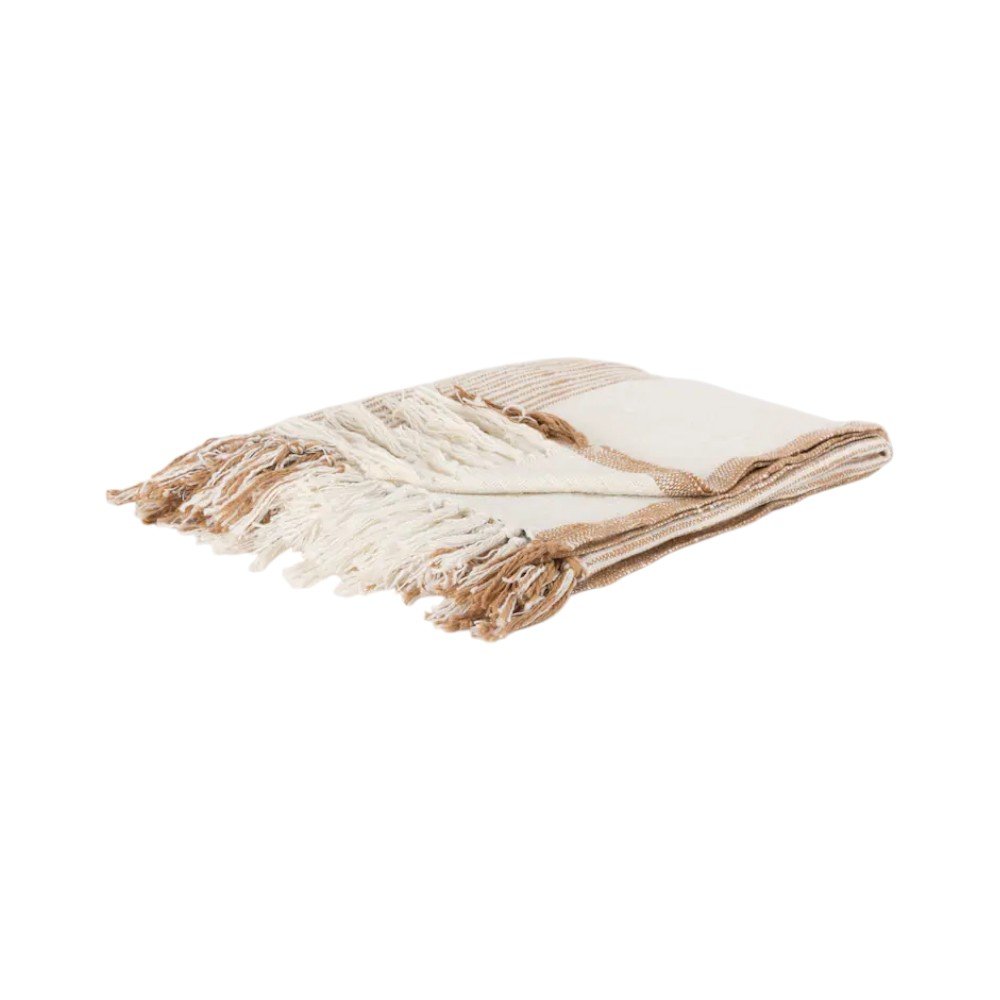 50" X 60" Ivory Cotton Woven Striped Throw Blanket with Fringe