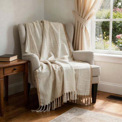 50" X 60" Ivory Cotton Woven Striped Throw Blanket with Fringe