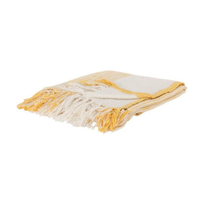 50" X 60" Yellow And Ivory Cotton Woven Striped Throw Blanket with Fringe