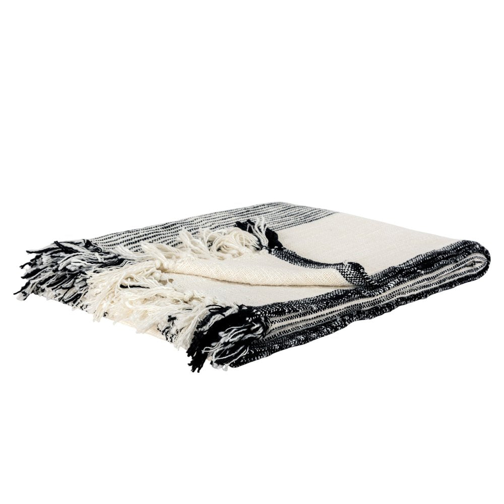 50" X 60" Black And Ivory Cotton Woven Striped Throw Blanket with Fringe