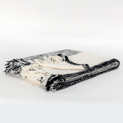 50" X 60" Black And Ivory Cotton Woven Striped Throw Blanket with Fringe
