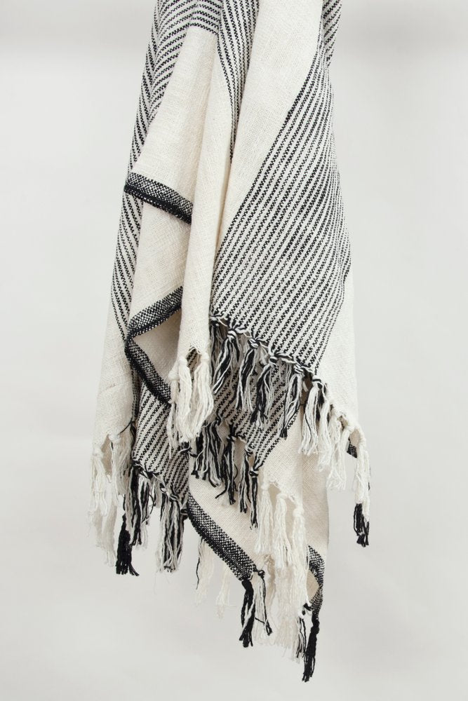 50" X 60" Black And Ivory Cotton Woven Striped Throw Blanket with Fringe