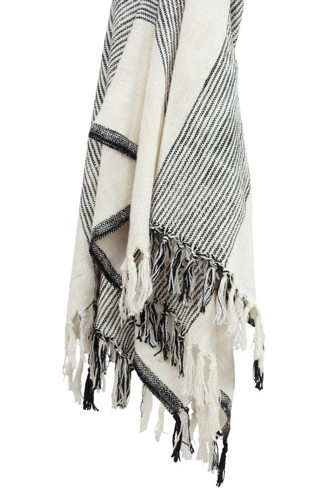 50" X 60" Black And Ivory Cotton Woven Striped Throw Blanket with Fringe