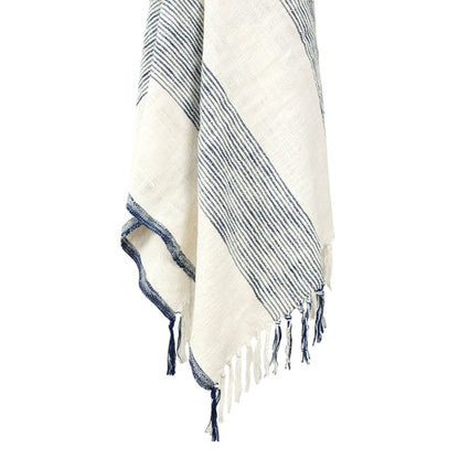50" X 60" Blue And Ivory Cotton Woven Striped Throw Blanket with Fringe