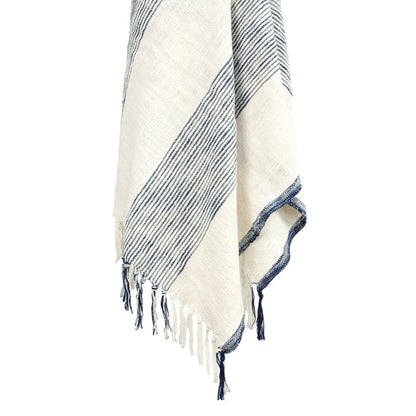 50" X 60" Blue And Ivory Cotton Woven Striped Throw Blanket with Fringe