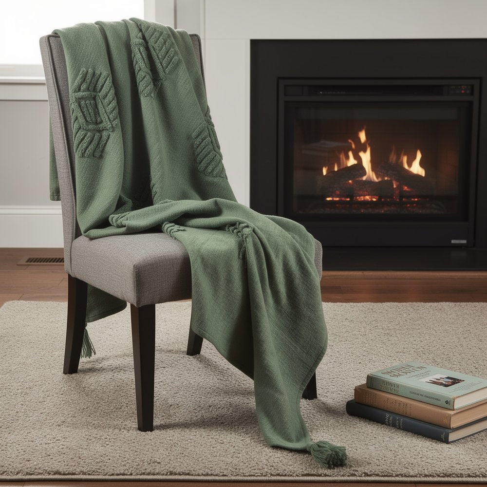 50" X 60" Green Cotton Woven Ikat Throw Blanket with Tassels
