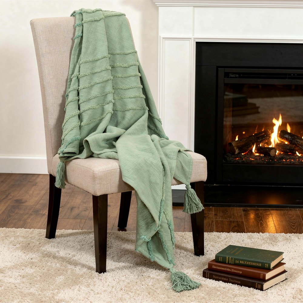 50" X 60" Green Cotton Woven Geometric Throw Blanket with Tassels