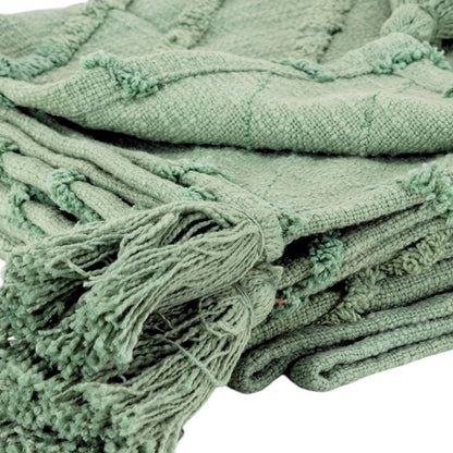 50" X 60" Green Cotton Woven Geometric Throw Blanket with Tassels