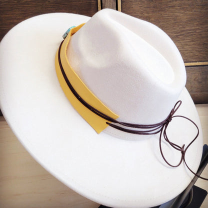 Wide Genuine Leather Mustard Hat Band w/ Turq 953m