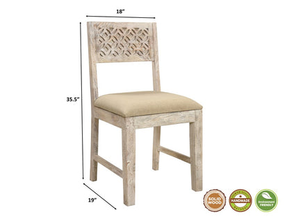 Set of Two Brown And White Upholstered Fabric Carved Back Dining Side Chairs