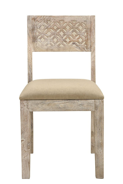 Set of Two Brown And White Upholstered Fabric Carved Back Dining Side Chairs
