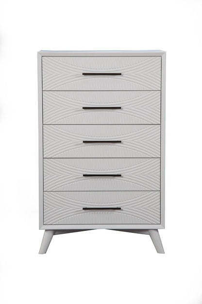 34" White Carved Geometric Solid Wood Five Drawer Dresser