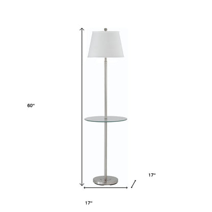 60" Nickel Metal Tray Table Floor Lamp With White Fabric Square Shade