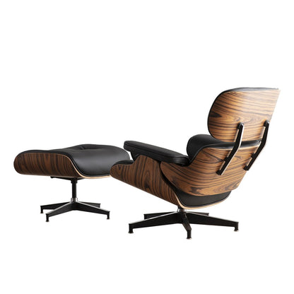 35" Black and Brown Genuine Leather Tufted Swivel Lounge Chair With Ottoman